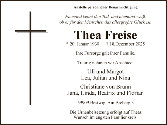 Traueranzeige von Thea Freise von HASK