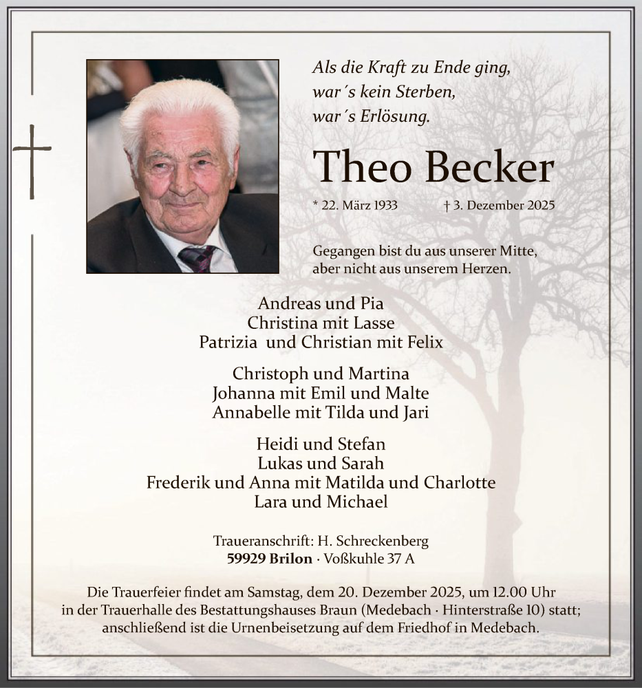  Traueranzeige für Theo Becker vom 13.12.2025 aus HASK