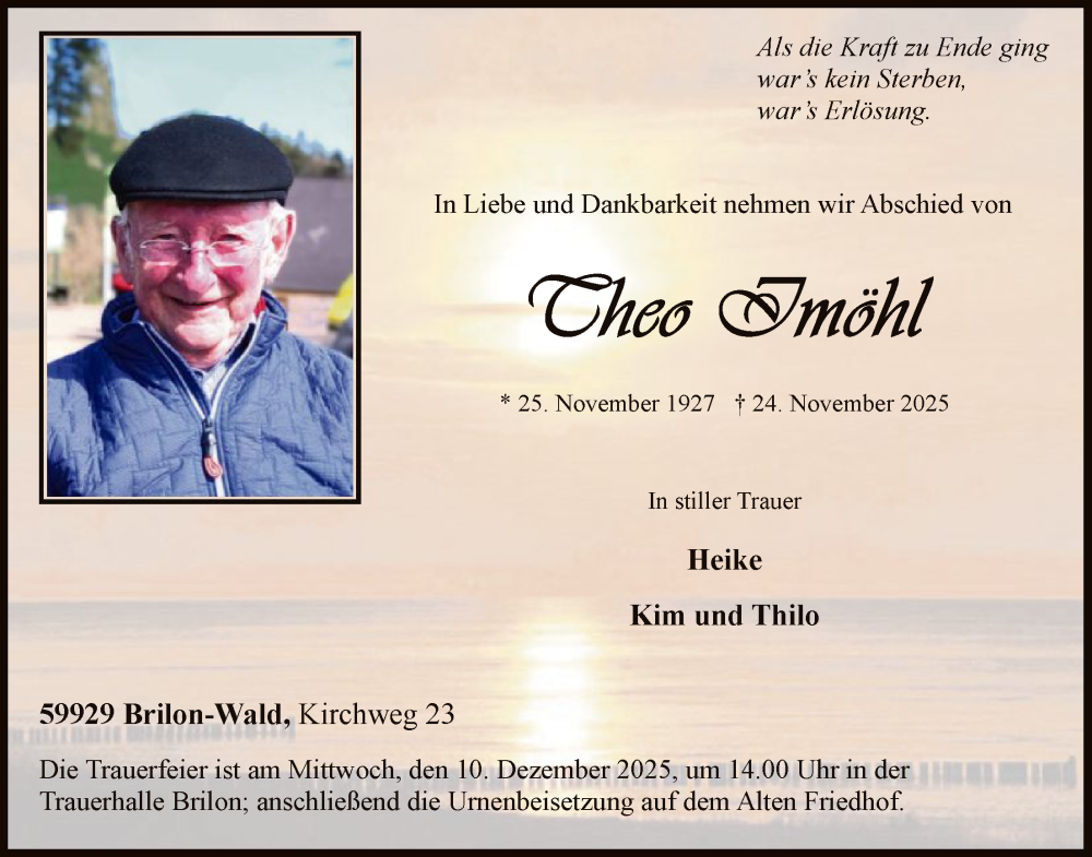  Traueranzeige für Theo Imöhl vom 06.12.2025 aus HASK