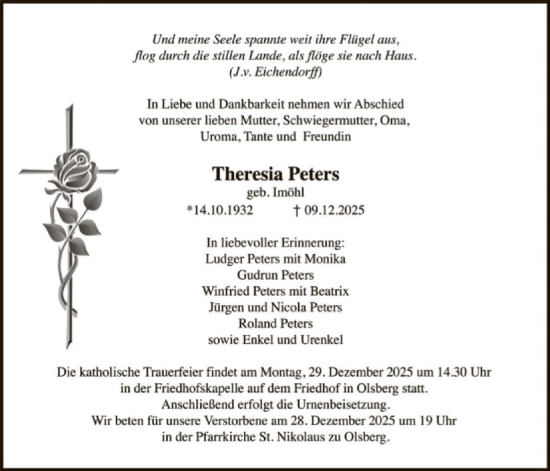 Traueranzeige von Theresia Peters von HASK