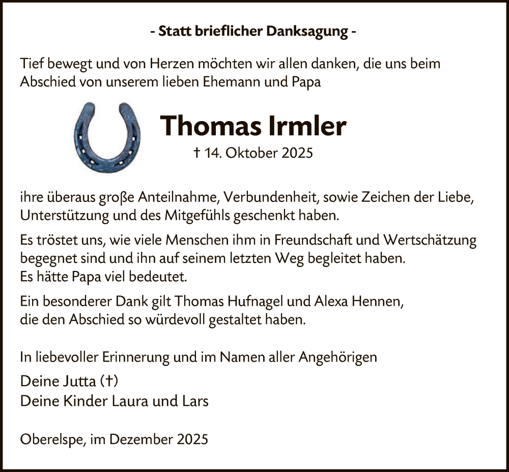  Traueranzeige für Thomas Irmler vom 06.12.2025 aus HASK