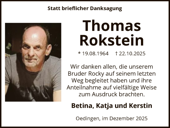 Traueranzeige von Thomas Rokstein von HASK