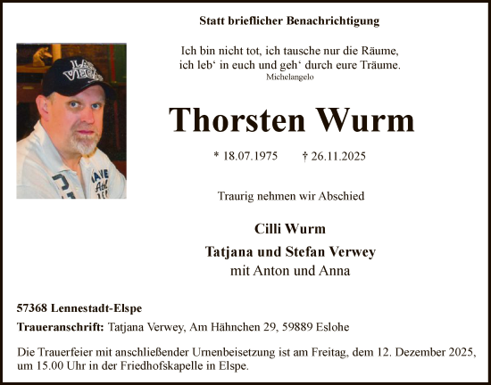 Traueranzeige von Thorsten Wurm von HASK