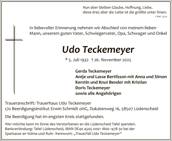 Traueranzeige von Udo Teckemeyer von HALN