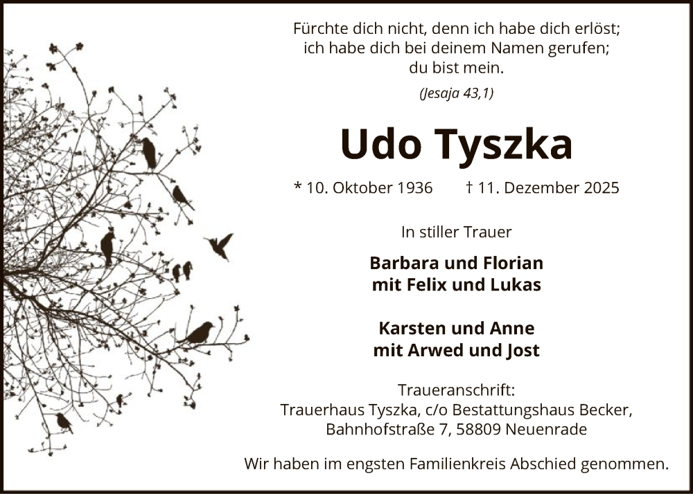  Traueranzeige für Udo Tyszka vom 20.12.2025 aus HALN