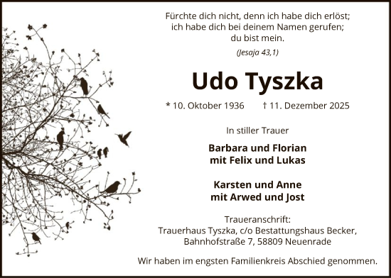 Traueranzeige von Udo Tyszka von HALN