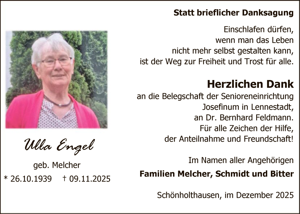  Traueranzeige für Ulla Engel vom 20.12.2025 aus HASK