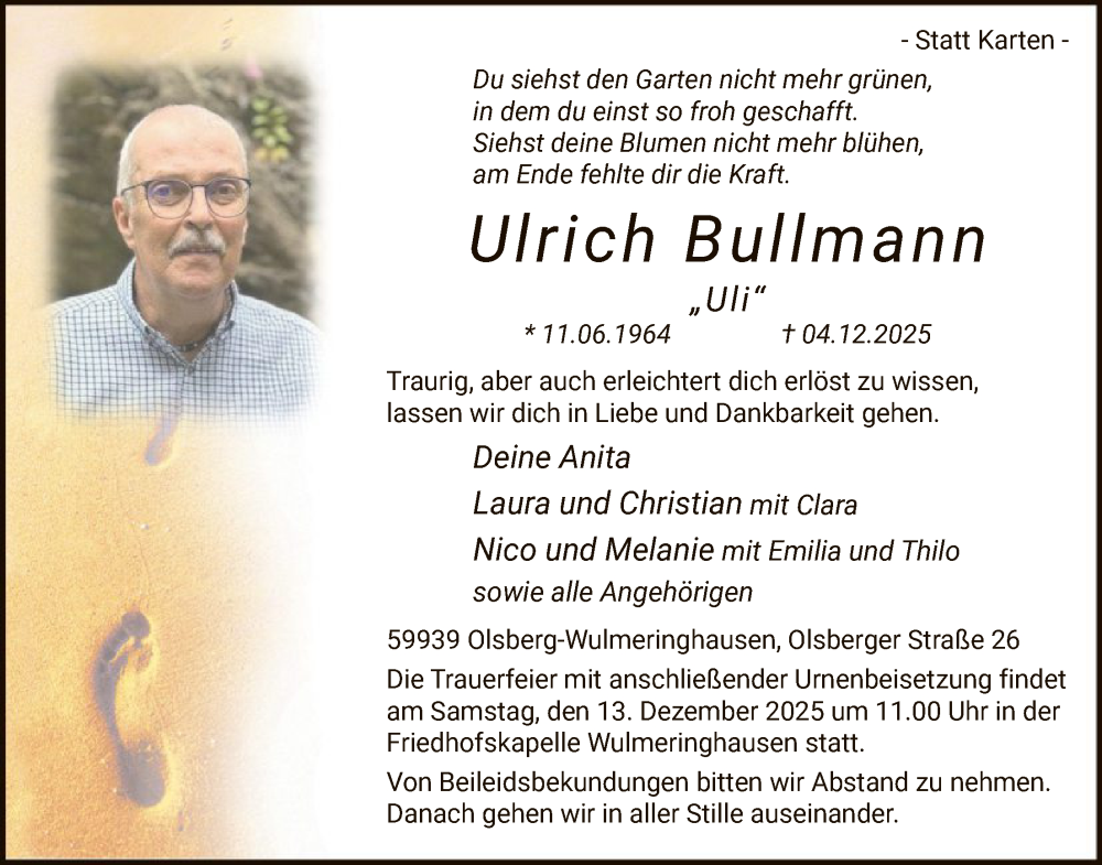  Traueranzeige für Ulrich Bullmann vom 06.12.2025 aus HASK