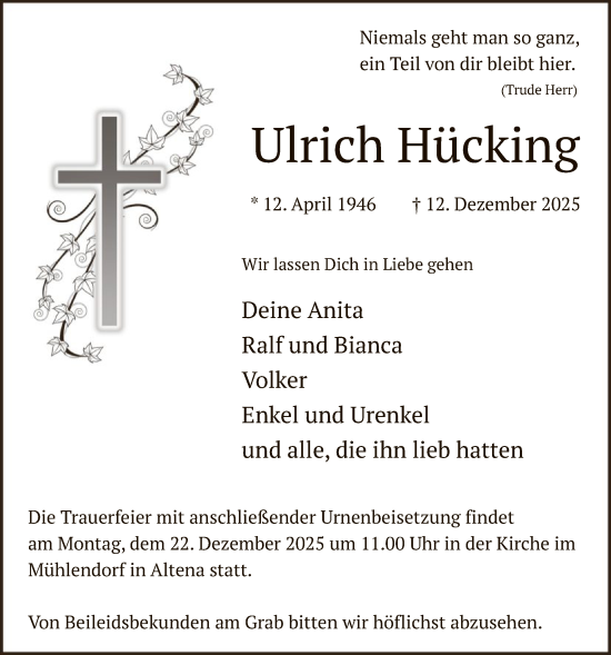 Traueranzeige von Ulrich Hücking von HALN