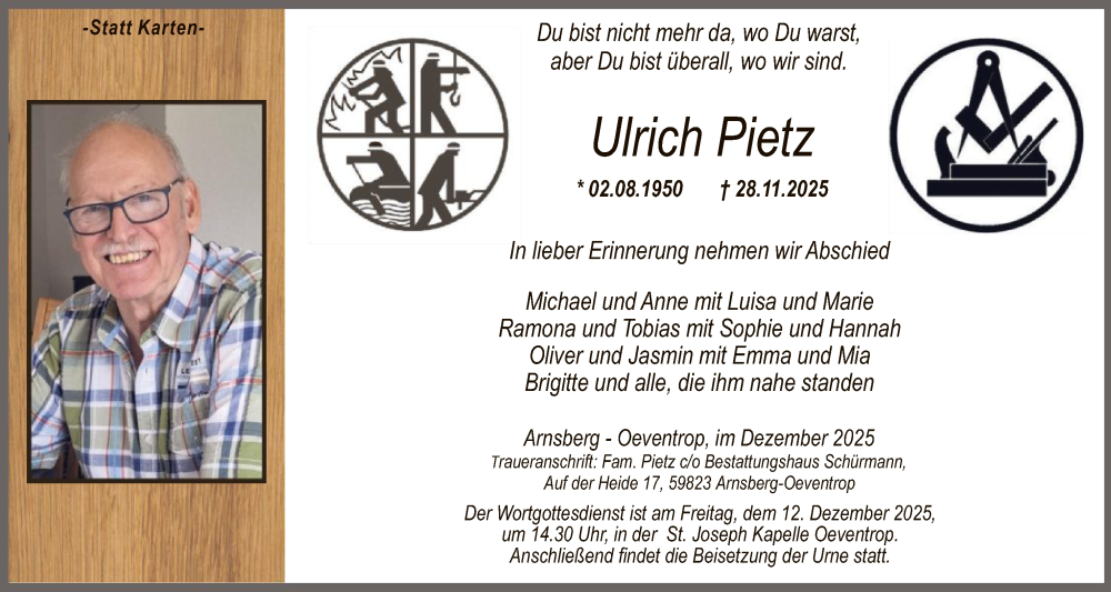  Traueranzeige für Ulrich Pietz vom 06.12.2025 aus HASK