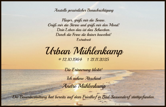 Traueranzeige von Urban Mühlenkamp von HASK