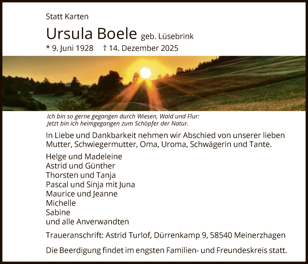  Traueranzeige für Ursula Boele vom 17.12.2025 aus HALN