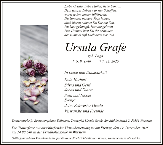 Traueranzeige von Ursula Grafe von HASO