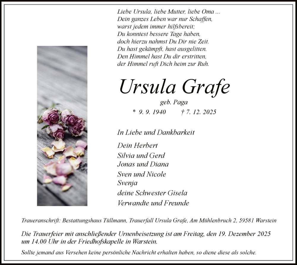  Traueranzeige für Ursula Grafe vom 13.12.2025 aus HASO