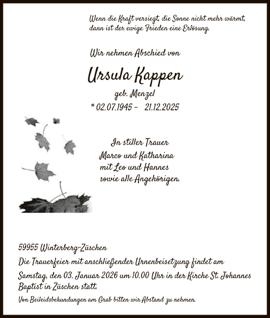 Traueranzeige von Ursula Kappen von HASK