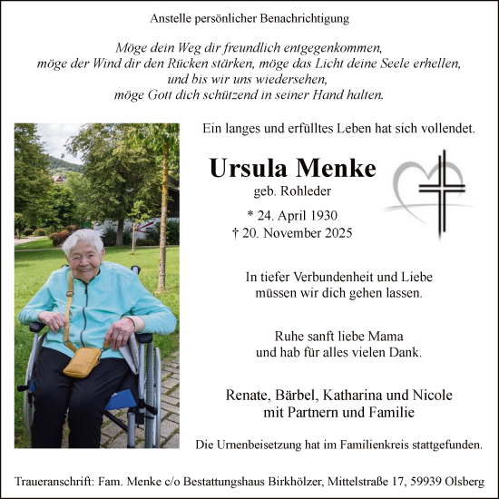 Traueranzeige von Ursula Menke von HASK
