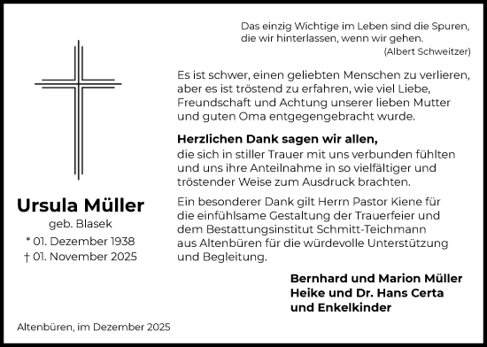 Traueranzeige von Ursula Müller von HASK