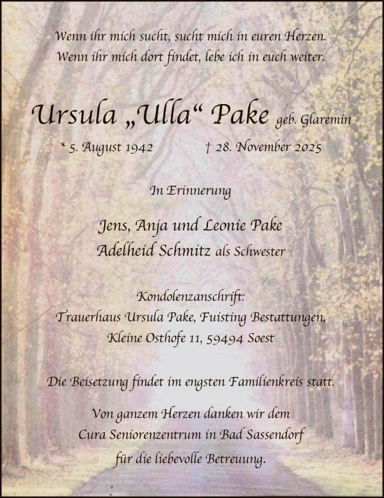 Traueranzeige von Ursula Pake von HASO