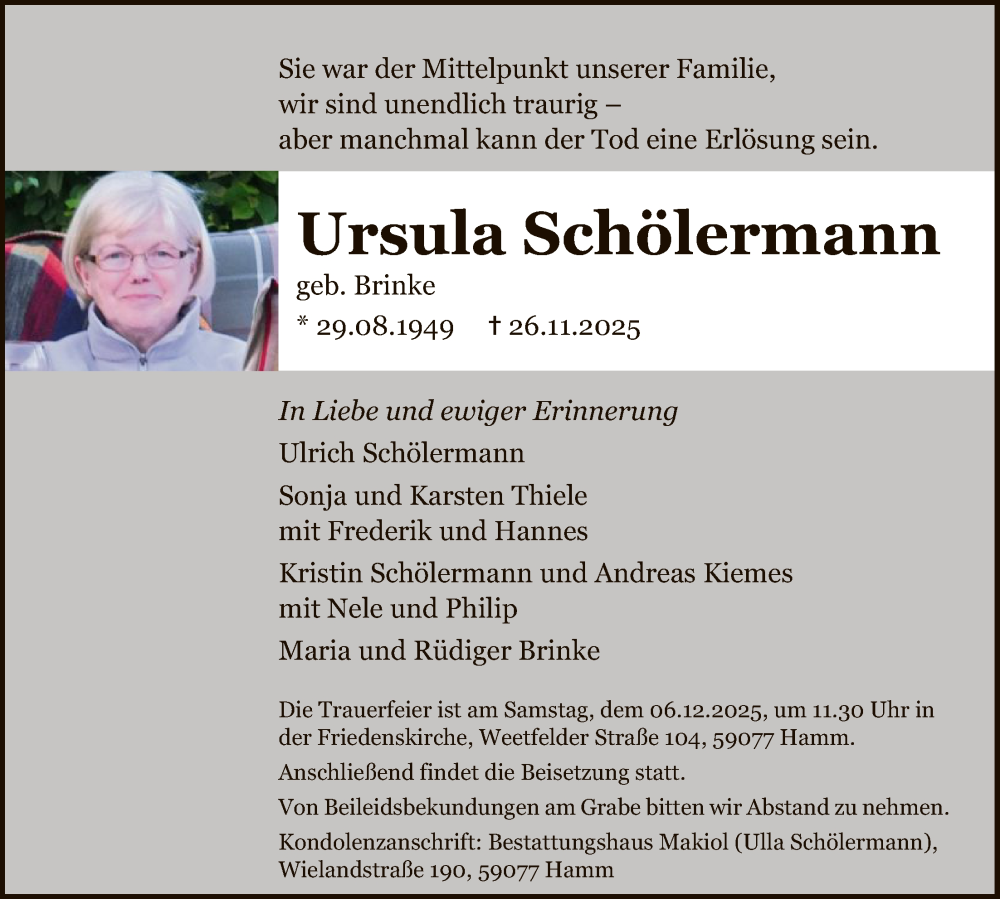  Traueranzeige für Ursula Schölermann vom 02.12.2025 aus HAWA