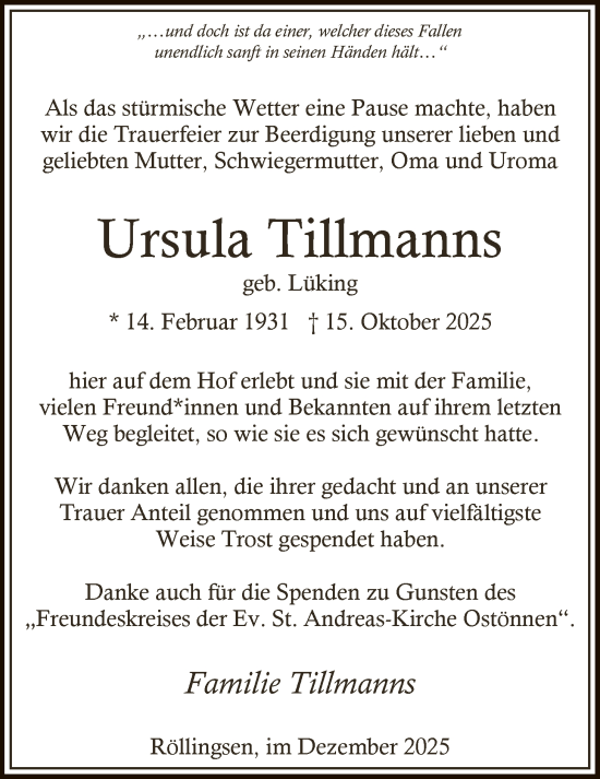 Traueranzeige von Ursula Tillmanns von HASO