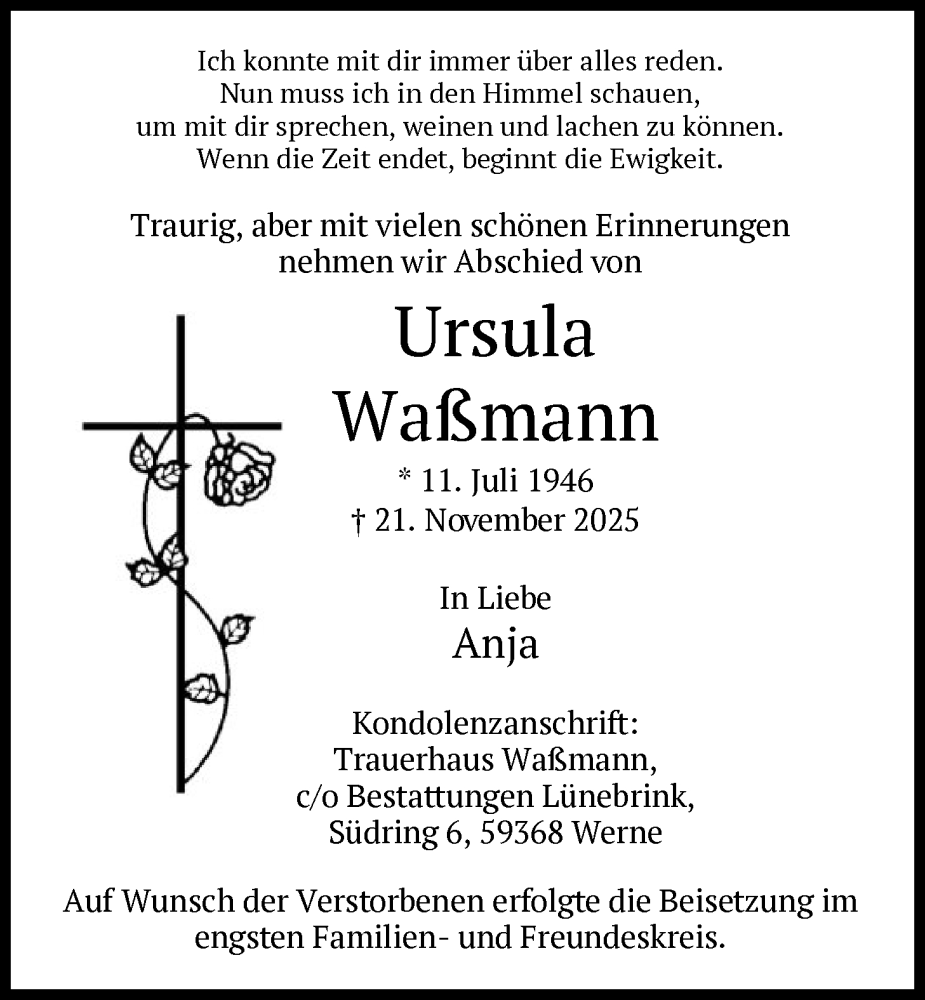  Traueranzeige für Ursula Waßmann vom 06.12.2025 aus HAWA