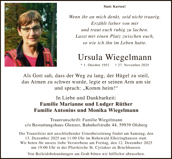 Traueranzeige von Ursula Wiegelmann von HASK