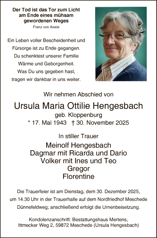 Traueranzeige von Ursula Maria Ottilie Hengesbach von HASK