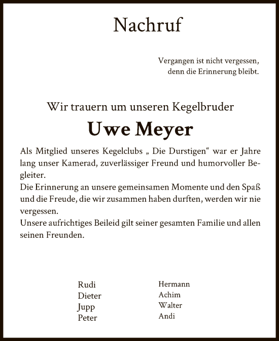 Traueranzeige von Uwe Meyer von HASK