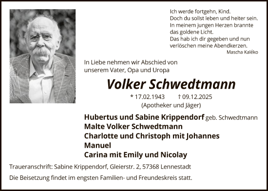 Traueranzeige von Volker Schwedtmann von HASK