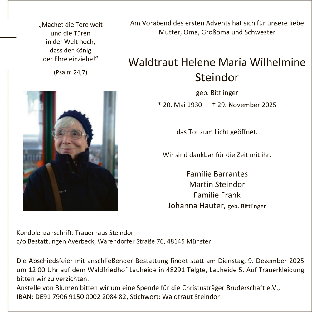  Traueranzeige für Waldtraut Helene Maria Wilhelmine Steindor vom 06.12.2025 aus HASO