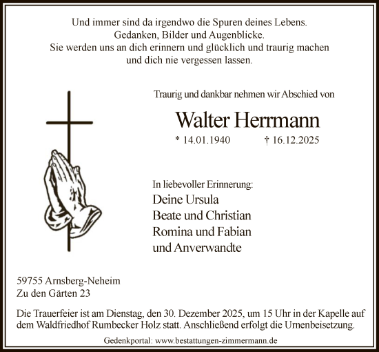 Traueranzeige von Walter Herrmann von HASK