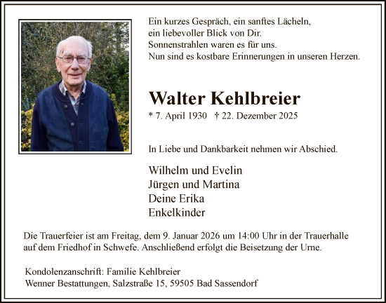 Traueranzeige von Walter Kehlbreier von HASO
