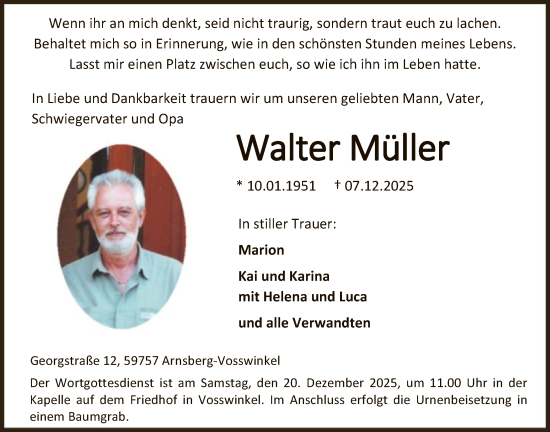 Traueranzeige von Walter Müller von HASK