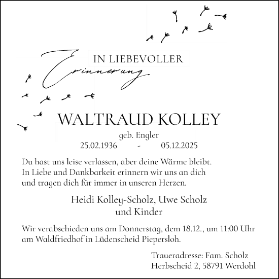 Traueranzeige von Waltraud Kolley von HALN