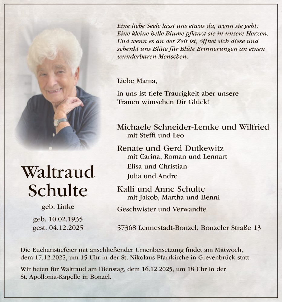  Traueranzeige für Waltraud Schulte vom 13.12.2025 aus HASK