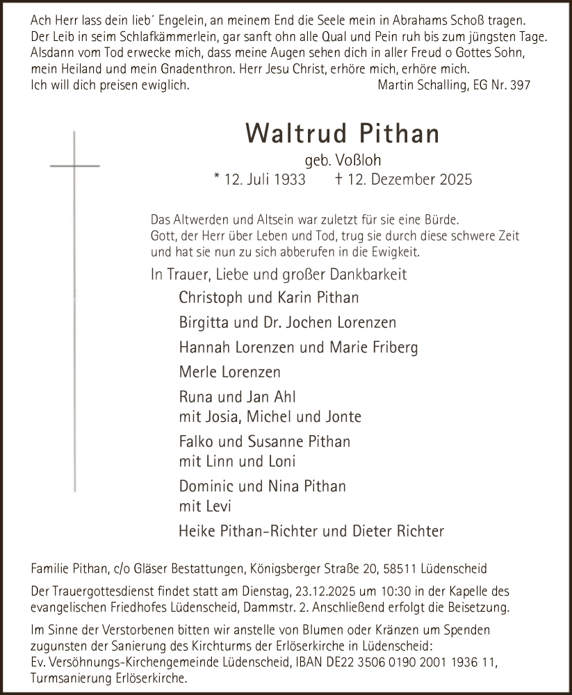  Traueranzeige für Waltrud Pithan vom 20.12.2025 aus HALN