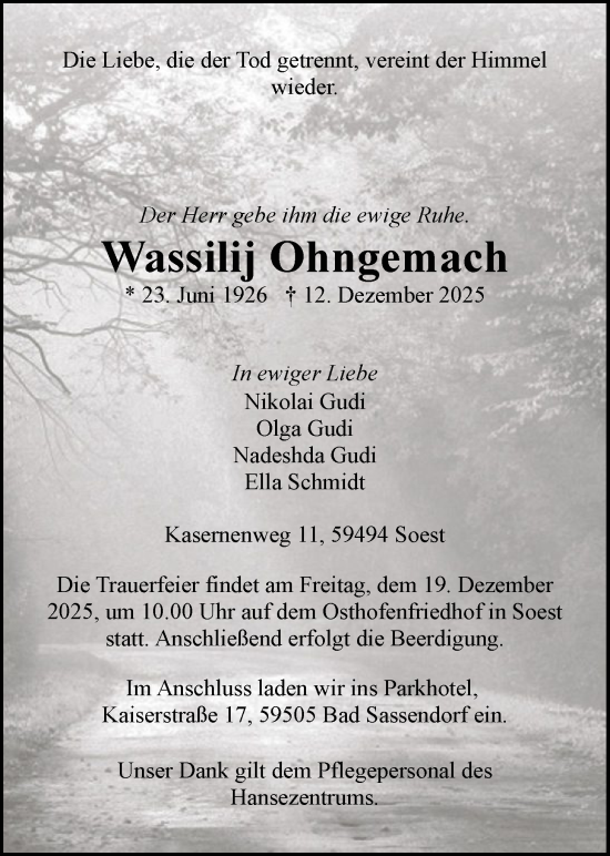 Traueranzeige von Wassilij Ohngemach von HASO