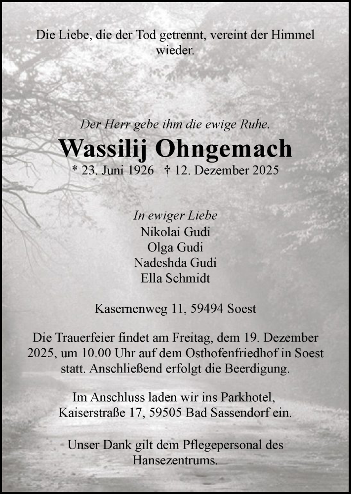  Traueranzeige für Wassilij Ohngemach vom 16.12.2025 aus HASO