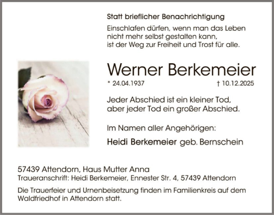 Traueranzeige von Werner Berkemeier von HASK