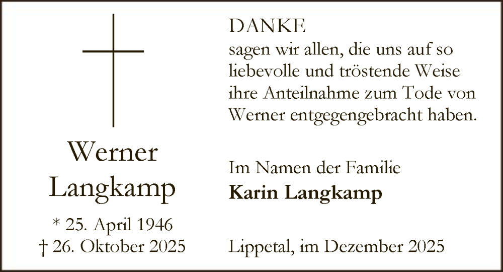  Traueranzeige für Werner Langkamp vom 06.12.2025 aus HASO