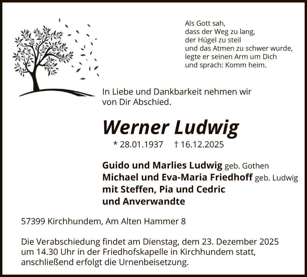  Traueranzeige für Werner Ludwig vom 20.12.2025 aus HASK