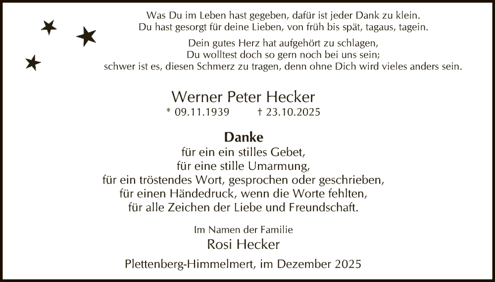  Traueranzeige für Werner Peter Hecker vom 06.12.2025 aus HALN