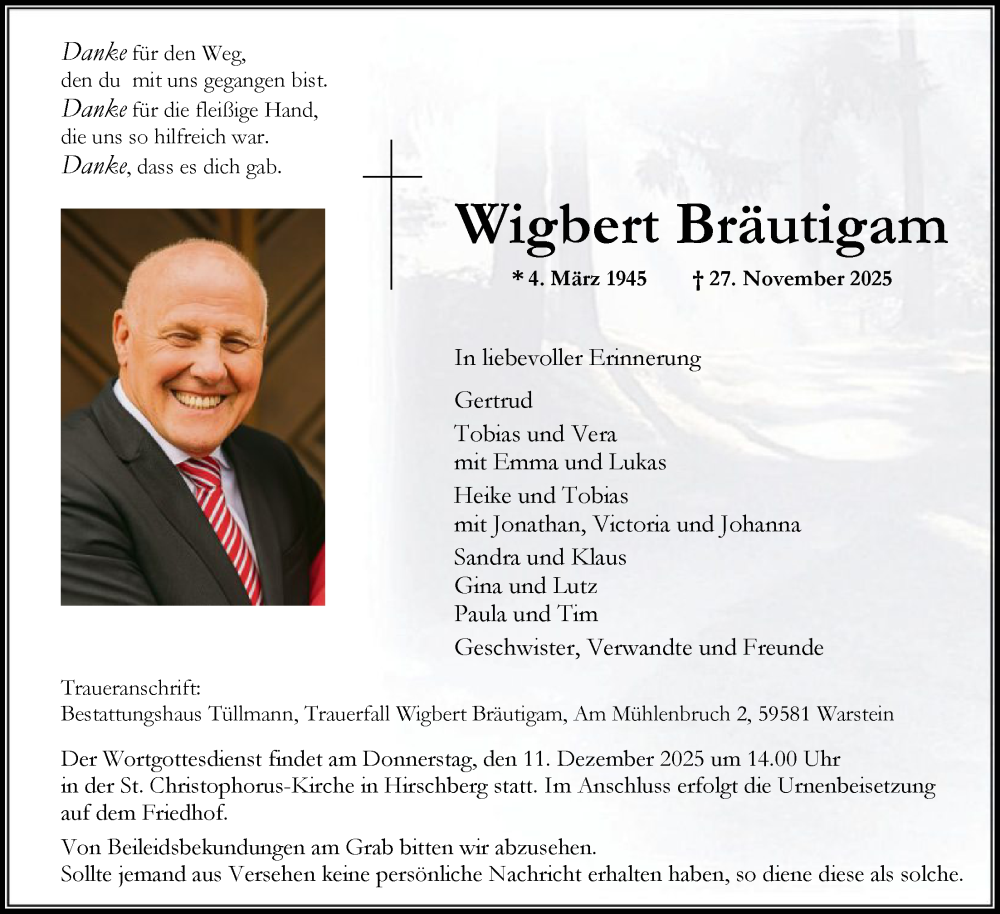  Traueranzeige für Wigbert Bräutigam vom 06.12.2025 aus HASO