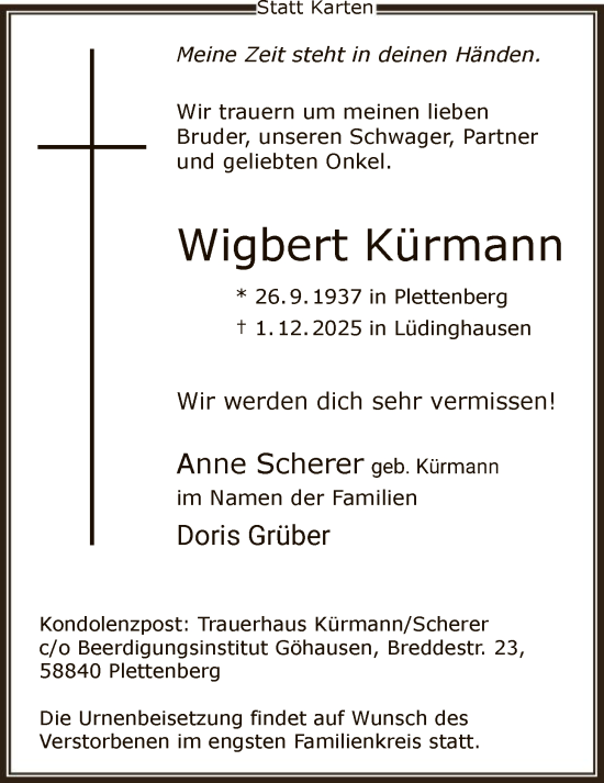Traueranzeige von Wigbert Kürmann von HALN