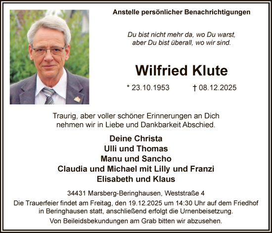 Traueranzeige von Wilfried Klute von HASK