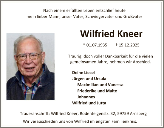 Traueranzeige von Wilfried Kneer von HASK