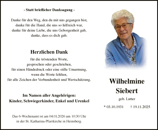 Traueranzeige von Wilhelmine Siebert von HASK
