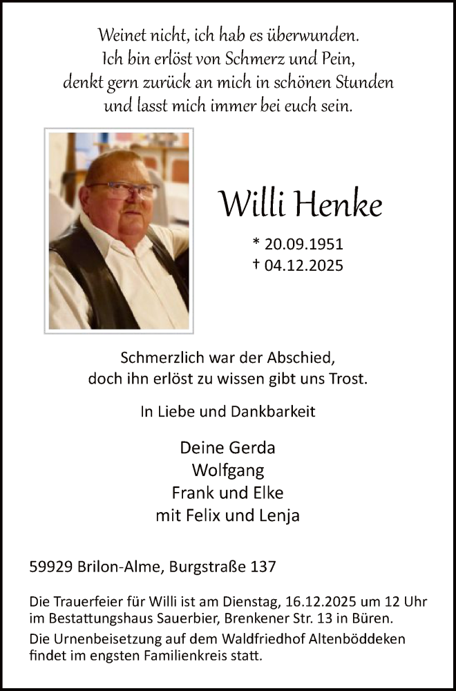  Traueranzeige für Willi Henke vom 13.12.2025 aus HASK