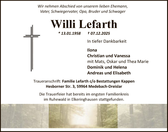 Traueranzeige von Willi Lefarth von HASK