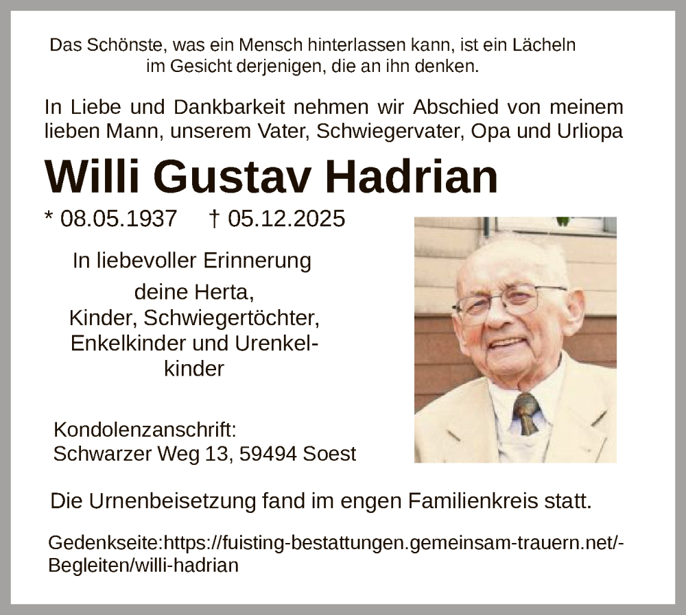  Traueranzeige für Willi Gustav Hadrian vom 23.12.2025 aus HASO